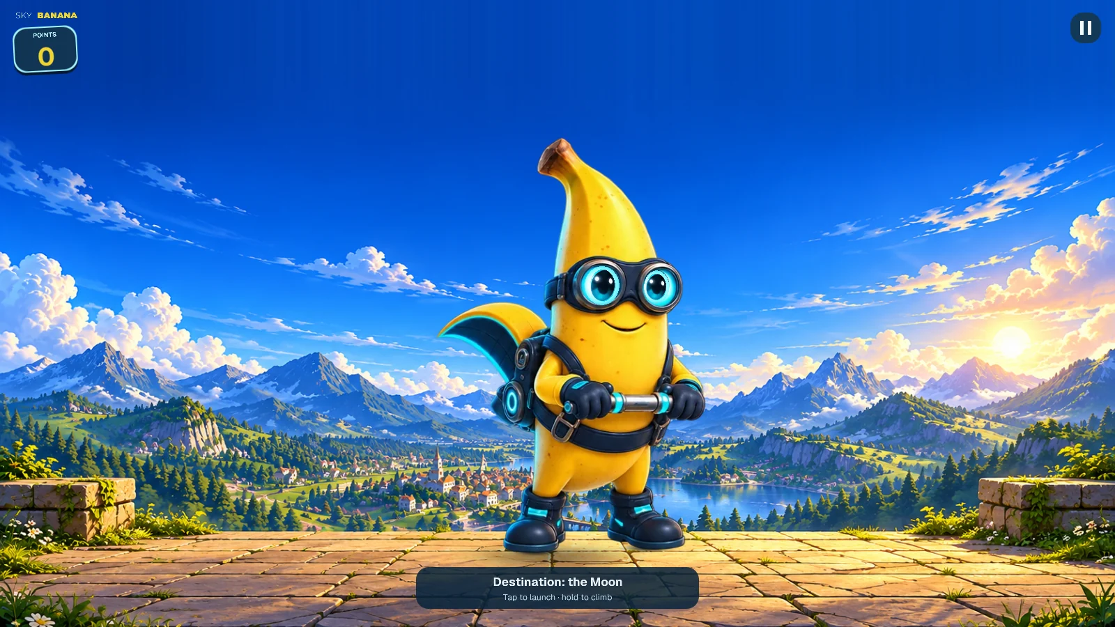 Sky Banana standing on a terrace above a lakeside town before takeoff.