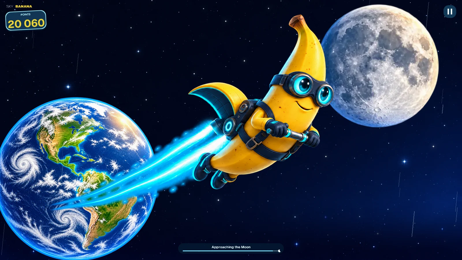 Sky Banana flying towards the Moon, with Earth visible on the left.
