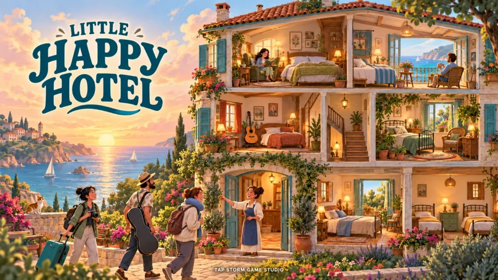 Little Happy Hotel concept artwork: guests arriving at a warm seaside hotel with rooms overlooking the coast