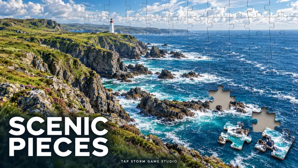 Scenic Pieces concept artwork: a coastal lighthouse landscape assembled as a jigsaw puzzle
