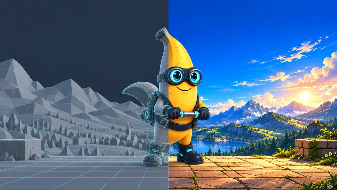Concept illustration: the Sky Banana departure scene split between grey wireframe volumes and finished colour artwork
