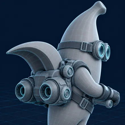 Concept illustration of Sky Banana goggles and jetpack in grey clay with cyan wireframe