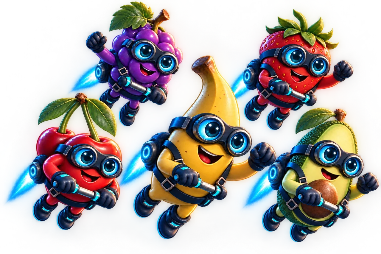 Banana, Cherry, Avocado, Grape and Strawberry flying together